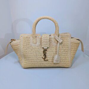 YSL Saint Laurent Light Brown Raffia Crochet Caba Tote Bag